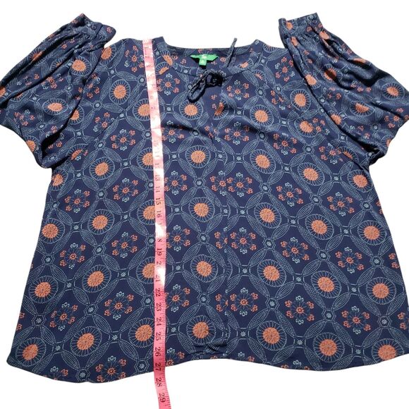 Dip Popover Blouse Women's 3X Blue Geometric Medallion Tie Neck Button Cuff Boho - Picture 8 of 8